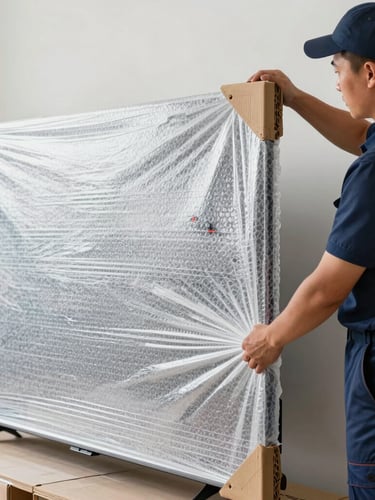 A professional packer in a clean dark blue uniform wrapping a large television screen with thick double-layer bubble wrap and custom corrugated corner protectors, natural daylight.
