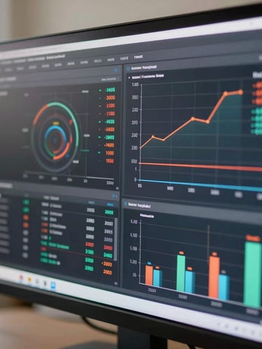 Close-up of a technical UI showing live traffic metrics and conversion rate graphs on a clean monitor, soft daylight reflecting on glass