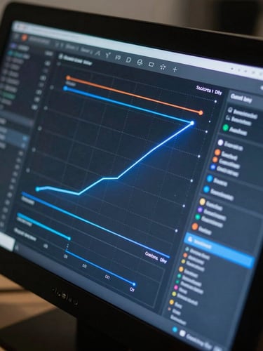Gros plan net sur un écran de contrôle affichant un pipeline de vente moderne et épuré, courbes de conversion ascendantes, interface SaaS sombre, éclairage LED bleu électrique.