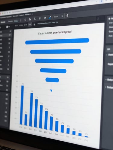 Detailed view of an analytics software interface displaying a multi-step conversion funnel, clean bar charts with percentage drops, professional dark mode UI with electric blue highlights.