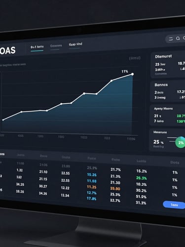 High-fidelity UI mockup of a modern advertising dashboard on a dark slate screen, showing positive ROAS curves, clean metrics, and conversion data, cool tech lighting.