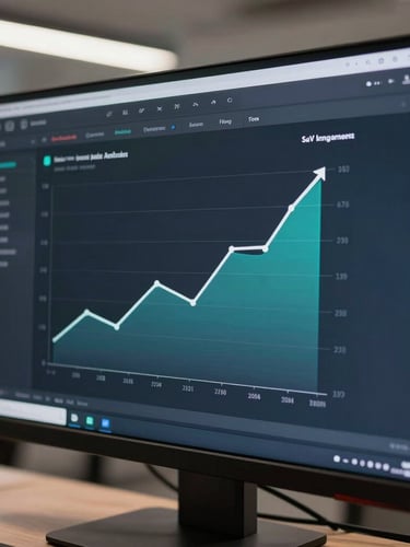 Close-up shot of a high-fidelity SaaS analytics dashboard showing upward conversion graphs on a clean dark monitor, cool-toned office lighting, soft focus.