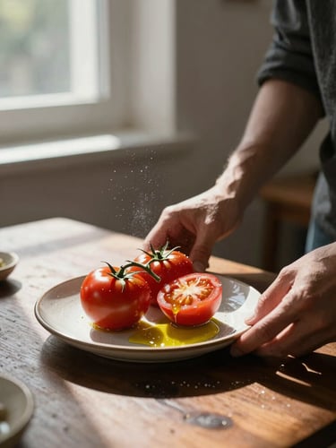 Close-up portrait framing, natural side light from a window casting soft shadows on a dark wooden table. Hands of a designer adjusting the lighting angle over a ceramic plate with fresh heirloom tomatoes and artisanal olive oil, flour dust visible in the air.