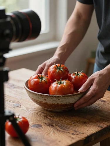 Behind the scenes at a food photography session, hands of a stylist adjusting a rustic ceramic bowl filled with dark red tomatoes on a textured wooden table, soft window light from the side.