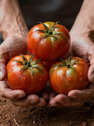 Fotografia em plano detalhe de mãos calejadas segurando tomates orgânicos recém-colhidos, terra escura úmida entre os dedos, iluminação natural dramática vinda da lateral, estilo escandinavo rústico.