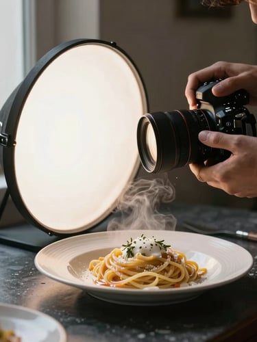 Behind the scenes: hands of a photographer adjusting a reflector beside a steaming plate of handmade pasta on a dark ceramic surface, soft moody window light, close-up.
