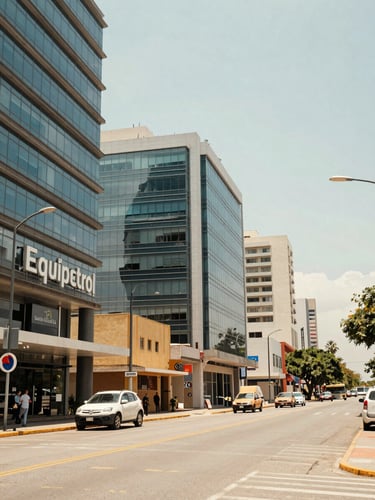 Wide environmental shot of Equipetrol business district in Santa Cruz de la Sierra, modern glass buildings under bright natural daylight, warm local sunlight, 35mm lens
