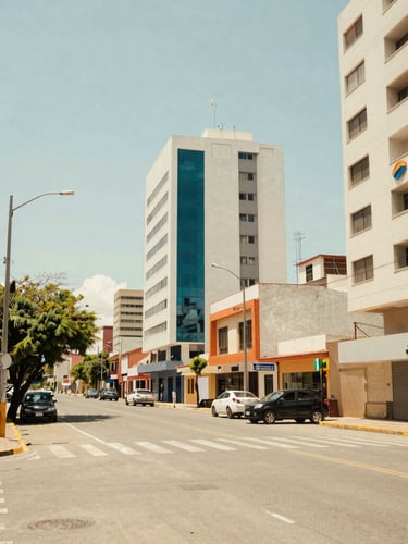 Wide environmental shot of Equipetrol business district in Santa Cruz de la Sierra under bright natural daylight, warm local sun, modern architecture, 35mm lens.