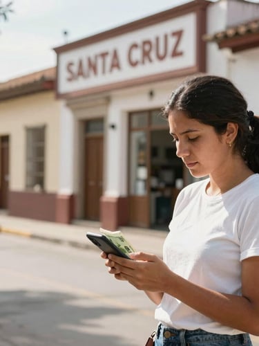 Warm editorial photograph of a local business owner in Santa Cruz de la Sierra, checking currency rates on a mobile phone with soft shadows and bright natural daylight.