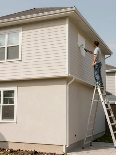 Wide panoramic shot of the exterior of a two-storey residential home, a painter on a ladder at the right third of the frame applying paint to the upper siding, bright midday natural light, freshly painted lower facade in a warm neutral tone with crisp trim edges visible, no people posing—painter actively working with roller and brush visible