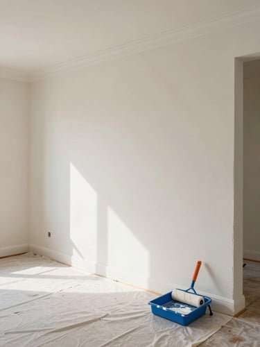 Wide environmental shot of a freshly painted living room interior under bright natural daylight, smooth warm-white walls with crisp trim edges visible, empty of furniture, floors protected with canvas drop cloths, painted roller and tray resting against the baseboard in the foreground right