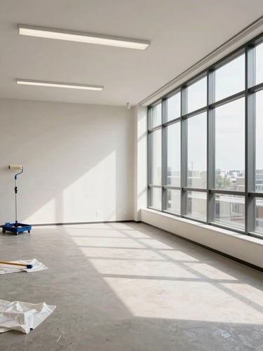 Wide environmental shot of a commercial office interior, freshly painted walls in a clean neutral tone, overhead natural light through floor-to-ceiling windows on the right side, empty room with painter's equipment visible in the far left corner—roller tray and extension pole—drop cloths still in place on the floor