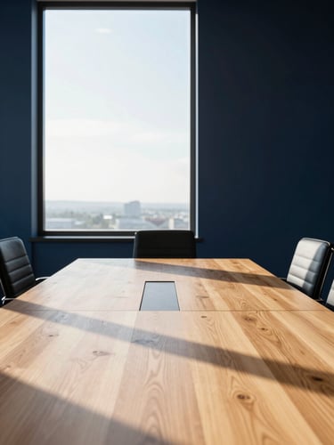 Quiet, professional meeting room with a large wooden table, structured lines, sunlight streaming through a large window, crisp daylight, 35mm