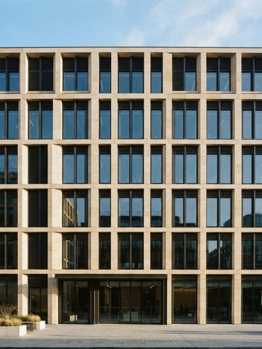 Wide architectural crop of a modern limestone office facade in crisp morning light, clean structured lines, elegant shadows, 35mm photography
