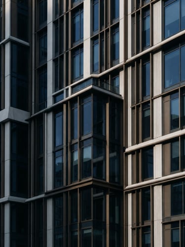 Minimalist modern office building facade with sharp architectural lines, soft natural afternoon light, deep navy shadows, 35mm photography