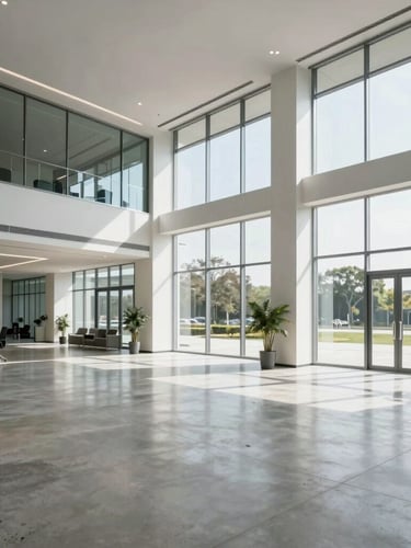 Wide panoramic view of a pristine modern commercial office lobby with polished concrete floors, floor-to-ceiling glass windows, and clean architectural lines in bright natural daylight.
