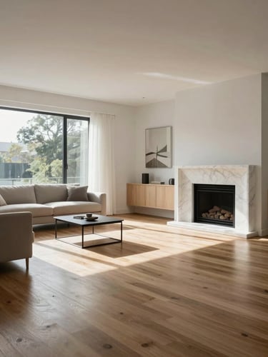 Wide-angle architectural photograph of a sunlit, modern living room with pristine hardwood floors, immaculate marble fireplace, and clean minimalist furniture, bright natural daylight, cool undertones.