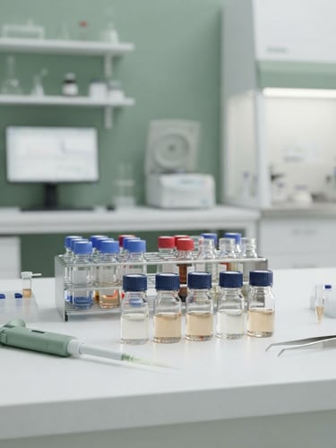 Pristine clinical laboratory environment with soft sage green tones, glass vials on a sterile counter, bright soft studio lighting