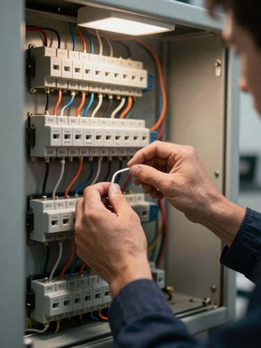 Close-up of technician hands tracing a wire run inside an open control panel enclosure, terminal blocks and labeled conductors in sharp focus, overhead shop light casting direct shadows across the wiring harness