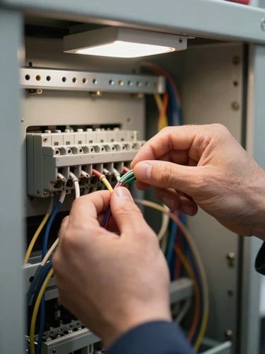 Extreme close-up of a technician's hands routing and terminating wires inside an open control panel enclosure, ring-type terminals visible, overhead shop light casting sharp shadows across the wire bundle, steel DIN rail in background