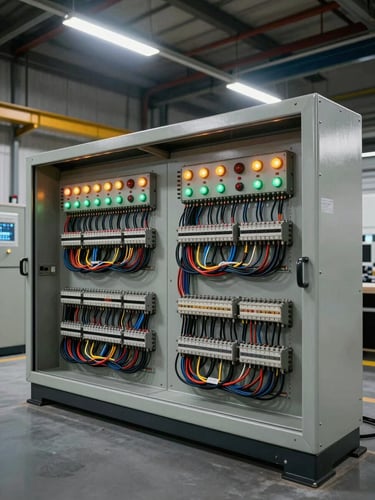 Wide shot from floor level inside an industrial facility, a large custom control panel open and fully wired, rows of terminals and cable looms under overhead shop fluorescents, indicator lights glowing amber and green, no people visible, high contrast documentary