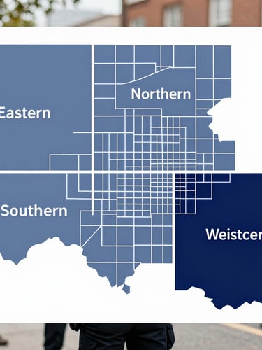 A clear, graphic map illustration of the city's four police districts in shades of slate blue and navy, with clean labels for Eastern, Northern, Southern, and Western sectors.