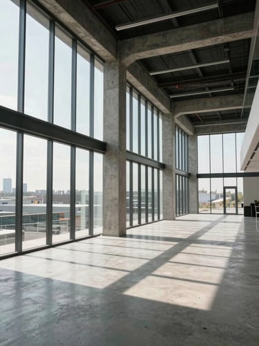 Wide interior shot of a completed commercial office floor, floor-to-ceiling glazing on the left, structural concrete columns mid-frame, north-facing daylight washing across an empty open plan, no people, materials visible — concrete, glass, steel — spatial logic exposed