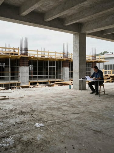 Wide shot of an active commercial construction floor, concrete formwork and exposed rebar in the mid-ground, a site manager reviewing documents at a temporary table under overcast daylight through open floor openings, no people posing