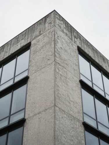 Close-up of a concrete column junction and glass curtain wall meeting at a precise material transition, shot in flat overcast daylight from a low angle, emphasising the exactness of the joint, no people, no staging