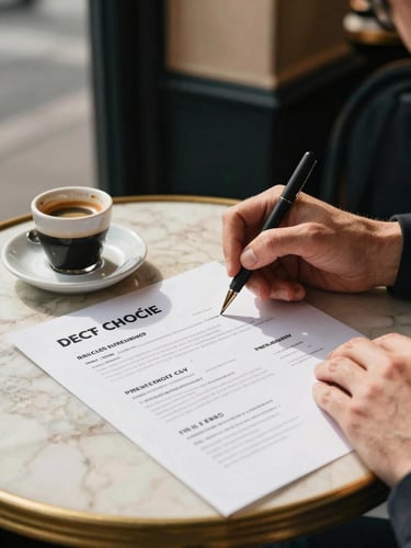 Close-up of hands marking up a French CV on a café table, a small espresso cup to the side, natural daylight streaming through a glass window, annotated text visible, warm Parisian café atmosphere
