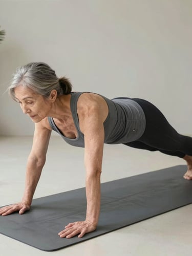 Overhead view of a 55+ adult performing a floor core stability exercise in a bright home room, hands flat on a yoga mat, body in a controlled plank position, natural light from a large window casting clean shadows across the mat, minimal equipment visible nearby