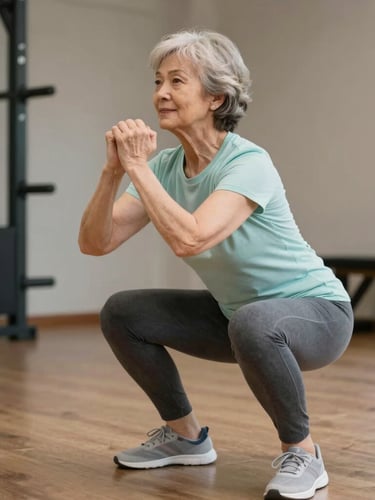 Overhead view of a 62-year-old woman performing a controlled single-leg balance drill on a yoga mat in a bright living room, arms extended for stability, natural light from a wide window, sharp focus on foot placement and posture, full body visible from above