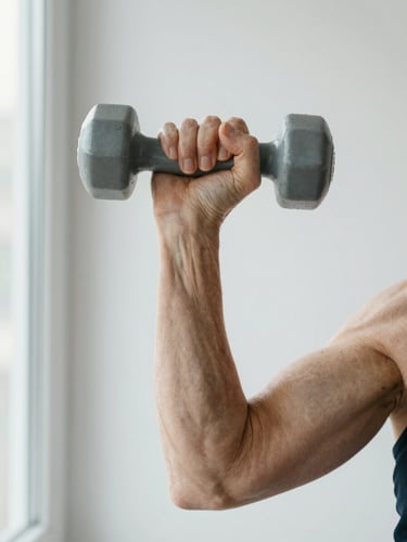 Close-up of a 58-year-old woman's hands gripping a light dumbbell during a controlled curl, forearm muscles visible, bright natural window light from the side, clean white wall background, sharp focus on form and grip