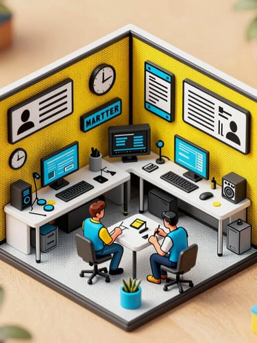 Isometric pop-art comic illustration of a miniature creative studio bustling with tiny marketers, bold ink outlines, bright yellow and cyan accents, halftone dot textures.