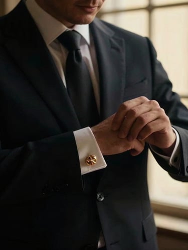 Close-up of a distinguished executive adjusting a gold cufflink, low-key chiaroscuro lighting, deep obsidian background, warm golden-hour window light, luxury editorial photography.