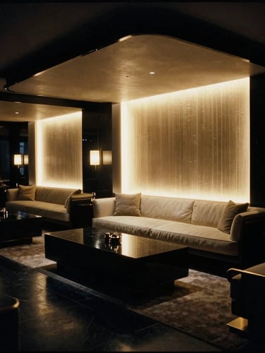 Cinematic wide environmental shot of a dimly lit VIP lounge in Zurich, dramatic architectural uplighting, obsidian surfaces, warm champagne gold highlights, 35mm film grain