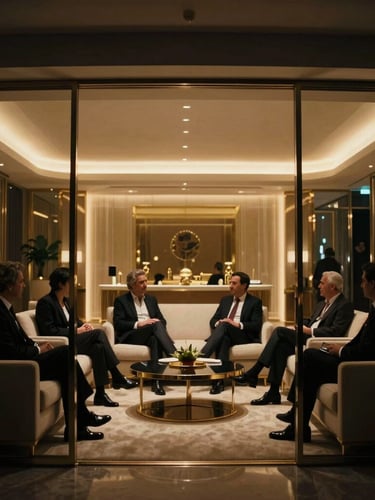 Cinematic wide shot of a luxury glass-walled private exhibition suite inside a high-end Dubai venue, warm golden architectural uplighting, distinguished executives in deep conversation, low-key lighting, 35mm film grain