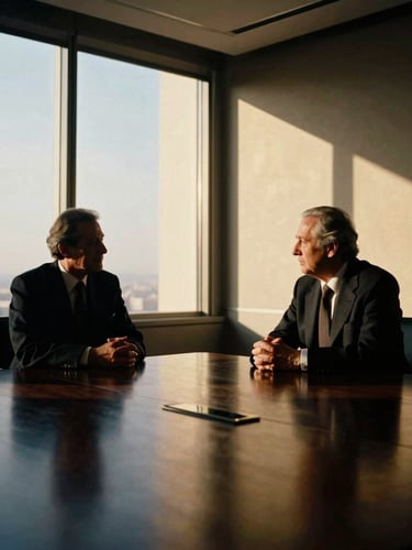 Low-key chiaroscuro portrait of two global leaders in deep conversation, architectural shadows, gold-hour window light, luxury boardroom setting, 35mm film grain