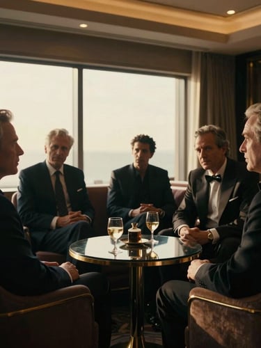 Cinematic close-up of distinguished executives in deep conversation inside a dimly lit VIP lounge, warm golden-hour window light, luxury editorial photography, 35mm film grain