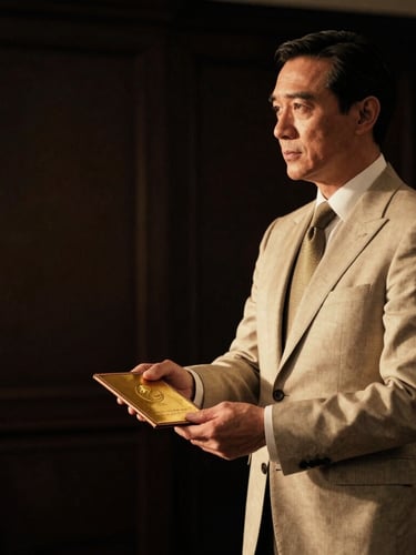 Cinematic low-key portrait of a distinguished executive in a tailored suit receiving a gold-embossed leather credential, warm golden-hour side lighting, luxury editorial photography style.
