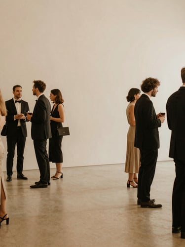 A wide, warm-toned photograph of a sophisticated event gathering, natural ambient light, soft tan tones, guests interacting in the background with generous negative space, medium format film