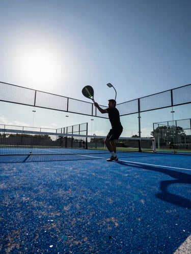 Dynamic low-angle shot of a blue padel court under intense Texas sun, glass walls reflecting light, wide-angle action lens, high-contrast sports photography