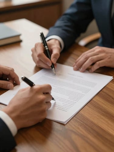 Close-up of hands signing a legal document on a polished wooden desk, a second person across the table in soft focus, warm tungsten office light from above, pen resting between fingers, paper edges visible, professional environment