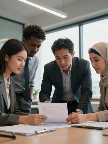 Close-up medium shot of a diverse group of three professionals in a modern office — an Asian woman, a Hispanic man, and a Middle Eastern woman gathered around a document on a conference table under warm tungsten overhead light, natural daylight visible through a window, papers and folders organized on the table, focused working expressions, no posed smiles
