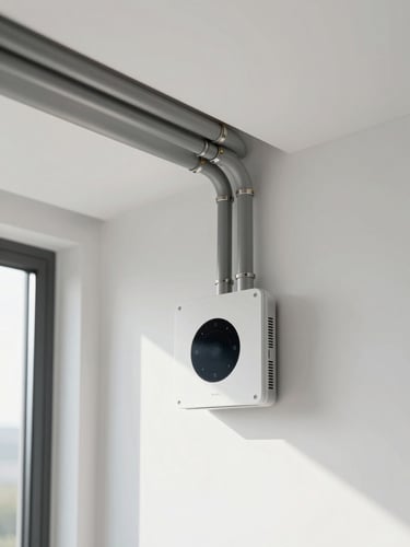 Crisp architectural photography of a modern, clean utility room with perfectly aligned conduits and smart home controller, natural light, 35mm lens