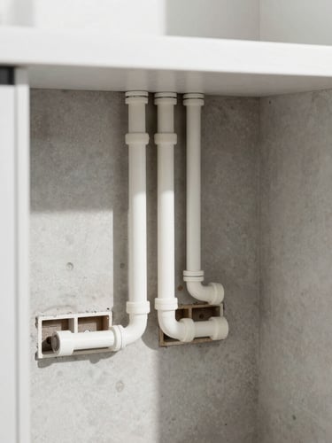Close-up of a modern kitchen rough-in with perfectly aligned water pipes and electrical conduits on a clean concrete wall, bright daylight
