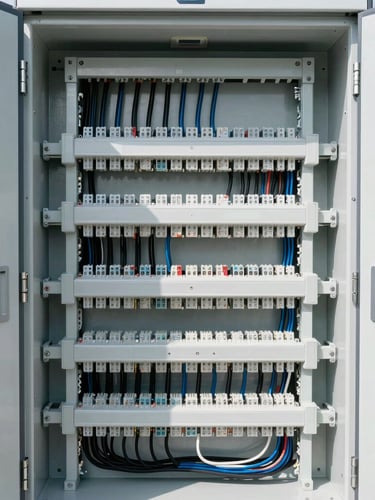 Straight-on technical architectural photography of a perfectly aligned, clean electrical cabinet with structured wiring and conduits, bright daylight, ultra-precise engineering.