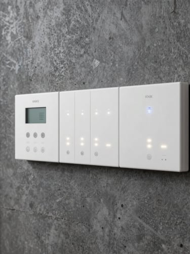 Straight-on architectural shot of a clean, perfectly aligned KNX smart-home control panel with glowing indicators, mounted on a dark concrete wall, cool daylight, 35mm lens
