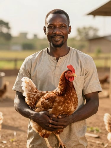 A proud Beninese poultry farmer standing in a sunny, clean outdoor farm environment, warm golden hour light, shallow depth of field