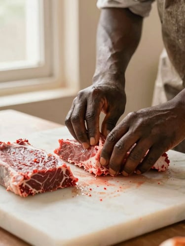 Close-up of a Beninese artisan butcher meticulously preparing fresh cuts of beef on a clean white marble block, warm natural window light, editorial food photography